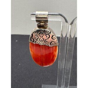 Vintage Silver & Carnelian Agate Oval Pendant Textured Unique Boho Jewelry